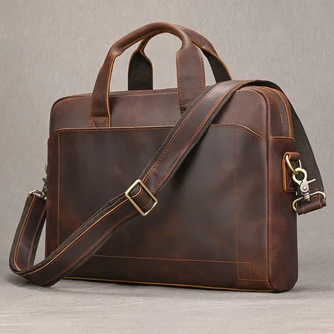 Borsa Professionale da Uomo in Vera Pelle Primo Strato di Pelle Vaccina Porta Laptop Vintage Crazy Horse Messenger per Lavoro
