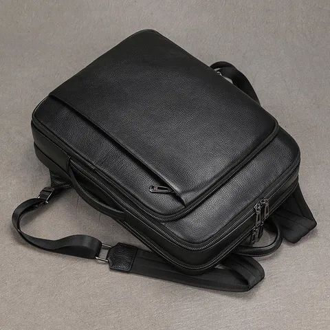 Men Business Laptop Backpack First Layer Cowhide Genuine Leather Fashion Commuter School Bag Large Capacity Travel Daypack Black Coffee