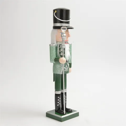 38cm Wooden Nutcracker Soldier Christmas Decoration Green Glitter Hand-Painted Nutcracker Figurine With Scepter For Home Holiday Party Gift