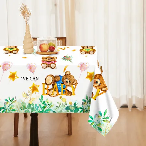 Cute Cartoon Bear Baby Birthday Party Tablecloth Waterproof PE Plastic Table Cover for Kids Celebration