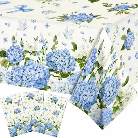 Nappe de Fête d'Anniversaire Hortensia Bleu Housse de Table en Plastique PE Jetable Imperméable Rectangulaire