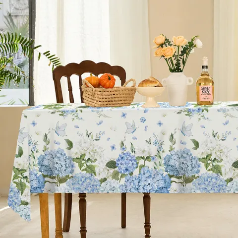Nappe de Fête d'Anniversaire Hortensia Bleu Housse de Table en Plastique PE Jetable Imperméable Rectangulaire