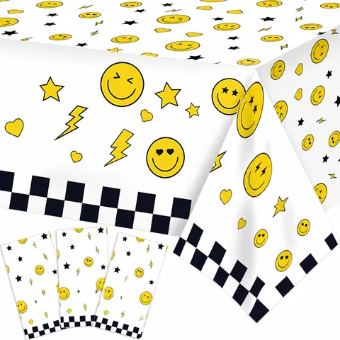 Gelb Smiley Gesicht Einweg Plastik Tischdecke Kariert Geburtstag Party Tischabdeckung Let's Party Dekoration