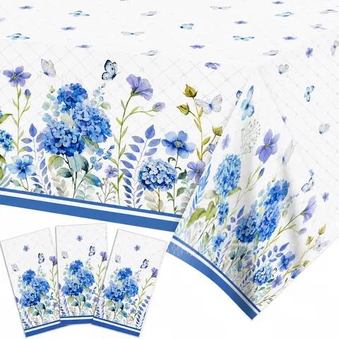 Disposable Waterproof PE Tablecloth Blue Hydrangea Butterfly Pattern Table Cover For Birthday Party Kitchen Dining Table Decor