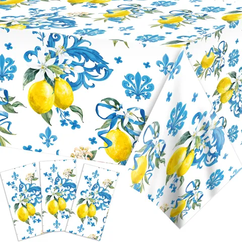 Blue Lemon Tablecloth Mediterranean Majolica Style PE Waterproof Rectangular Table Cover For Birthday Party Supplies