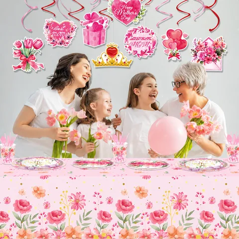 Mother's Day Floral Disposable Tablecloth Waterproof PE Plastic Table Cover For Birthday Party Wedding Home Kitchen Decor