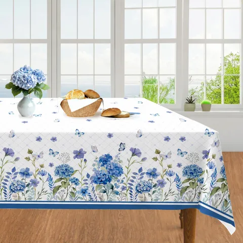 Disposable Waterproof PE Tablecloth Blue Hydrangea Butterfly Pattern Table Cover For Birthday Party Kitchen Dining Table Decor