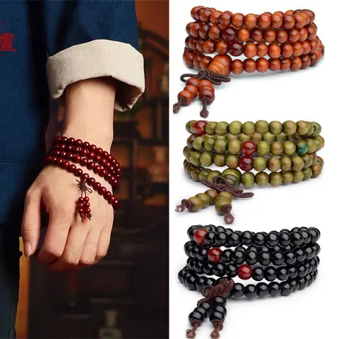 Vintage Wood Beaded Buddhist Rosary Necklace For Unisex Casual Chinese Style Wooden Meditation Prayer Beads Multi Layer Wrap Bracelet