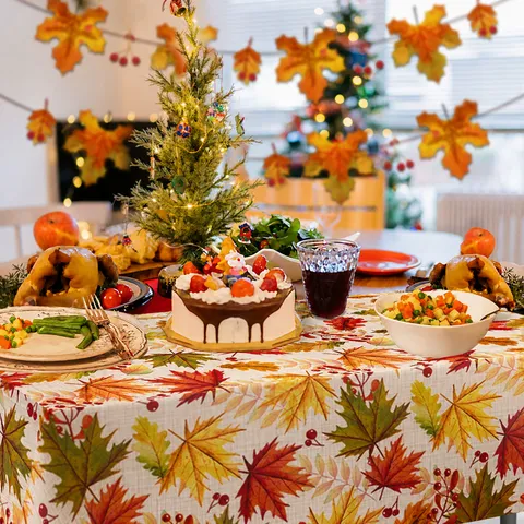 Waterproof PE Disposable Tablecloth Autumn Watercolor Maple Leaf Pattern Rectangular Table Cover For Party Dining Home Decor