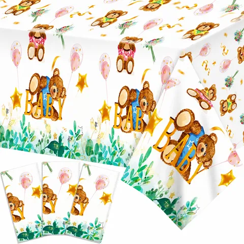 Cute Cartoon Bear Baby Birthday Party Tablecloth Waterproof PE Plastic Table Cover for Kids Celebration