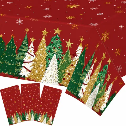 Red Christmas Tree Theme Party Tablecloth Disposable PE Table Cover Holiday Festive Decor Table Decoration
