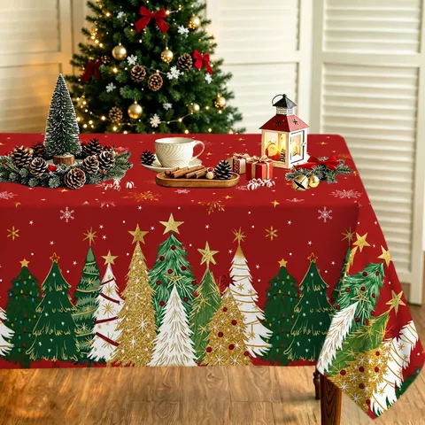 Red Christmas Tree Theme Party Tablecloth Disposable PE Table Cover Holiday Festive Decor Table Decoration