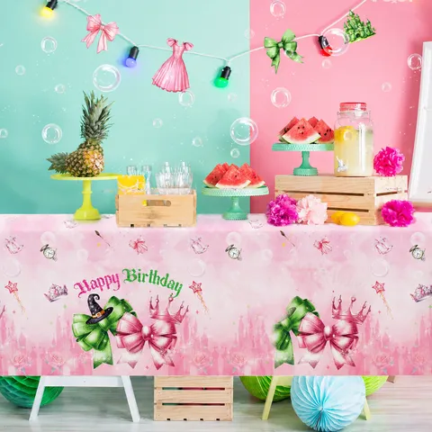 Nappe Jetable PE Château de Princesse Rose Vert Anniversaire Fête Couverture de Table en Plastique Décoration