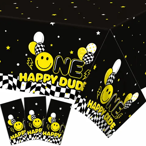 Mantel de PE One Happy Dude Primer Cumpleaños Cara Sonriente Cuadros Cubierta de Mesa Desechable Para Decoraciones de Fiesta Infantil