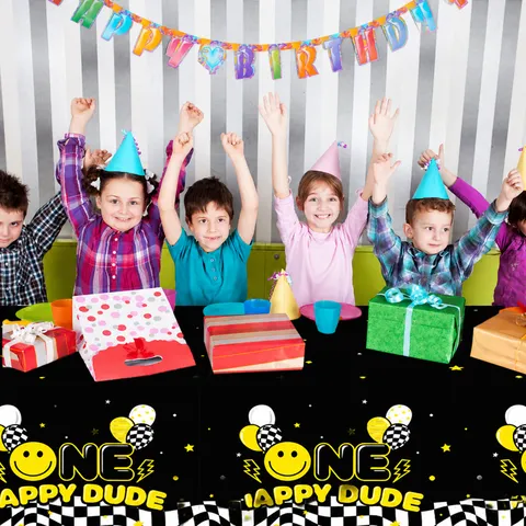 Mantel de PE One Happy Dude Primer Cumpleaños Cara Sonriente Cuadros Cubierta de Mesa Desechable Para Decoraciones de Fiesta Infantil