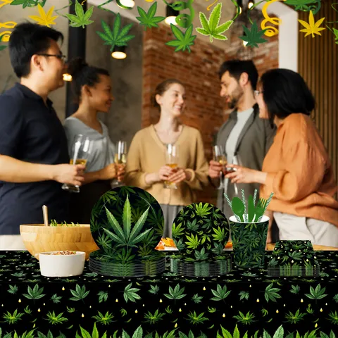Mantel Desechable con Patrón de Hoja de Marihuana Negro Verde Estampado de Plantas Cubierta de Mesa para Fiesta Decoración Eventos