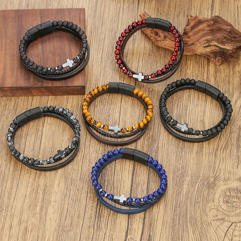 Mehrlagiges Herrenarmband mit Kreuz Tigerauge Lederarmband Handgewebter Magnetverschluss Punk Vintage Schmuck Geschenk