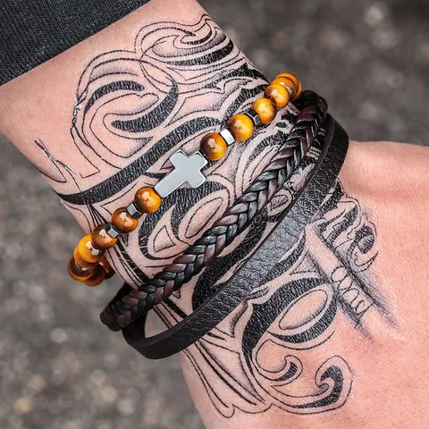 Mehrlagiges Herrenarmband mit Kreuz Tigerauge Lederarmband Handgewebter Magnetverschluss Punk Vintage Schmuck Geschenk