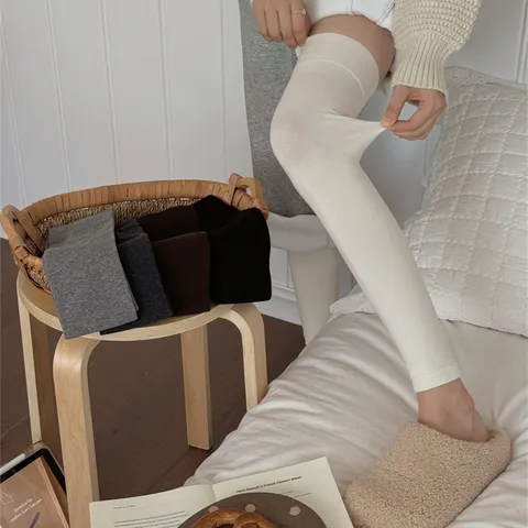 Dames Winter Verdikte Katoenen Beenwarmers Over Knie Sokken Effen Kleur Gebreide Kniebeschermers Thermische Lange Sokken Zonder Voet
