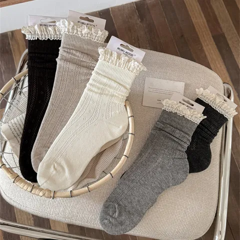 Women's Slouch Socks Lace Trim Cotton Breathable Cream Style Mid-Calf Socks For Autumn Winter Casual Daily Wear For Ladies