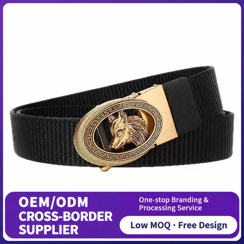 Men Business Casual Automatic Buckle Canvas Belt Wolf Head Relief Polyester Adjustable Tactical Waist Belt