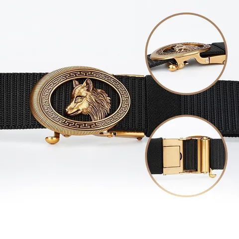 Men Business Casual Automatic Buckle Canvas Belt Wolf Head Relief Polyester Adjustable Tactical Waist Belt