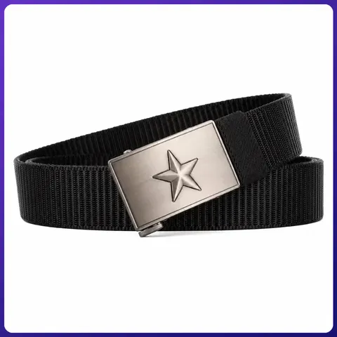 Men Tactical Canvas Belt Automatic Metal Buckle Pentagram Embossed Woven Nylon Military Waist Belt For Outdoor Sports Casual