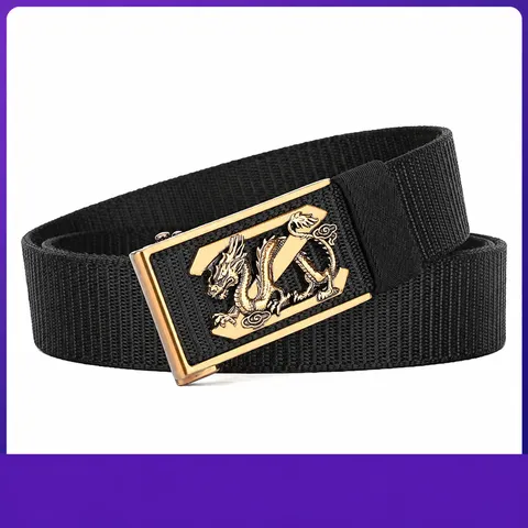 Men Tactical Belt Canvas Nylon Belt Retro Dragon Alloy Buckle Outdoor Casual Business Adjustable Fashion Waist Belt