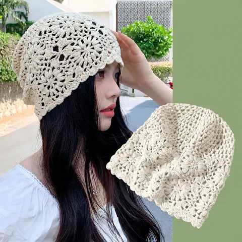 Bonnet Beanie en Tricot Crochet Ajouré pour Femmes Rétro Littéraire Léger Respirant Décontracté