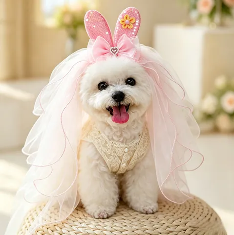 Voile de Mariage Mignon pour Animal de Compagnie Style Princesse Nœud Perles Artificielles Coiffe Chien Chat Fête Photographie Accessoires
