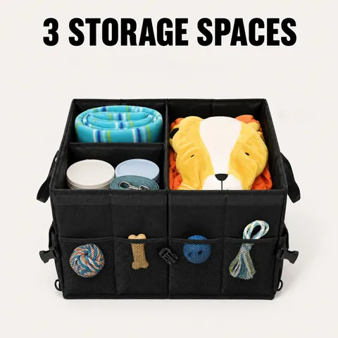 Car Trunk Organizer Foldable Large Capacity Storage Box With Cover Removable Dividers And Base Plate Black