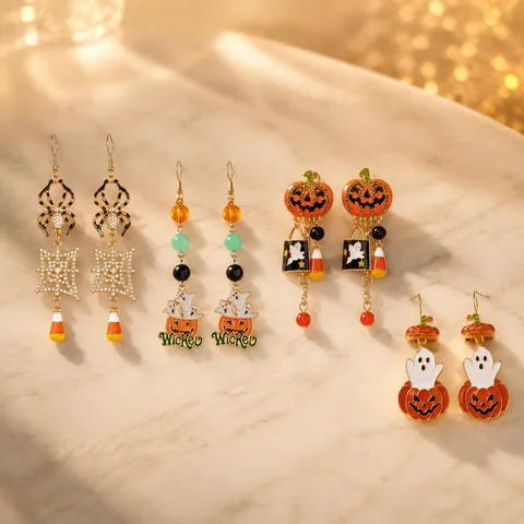 Halloween Alloy Asymmetric Drop Earrings Rhinestone Artificial Pearl Tassel Pumpkin Ghost Spider Pendant Earrings For Women Jewelry Gift