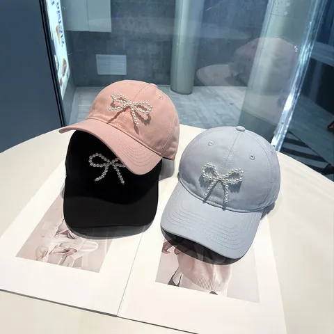 Casquette de Baseball en Coton pour Femmes Décorée de Noeuds de Perles Réglable Décontractée Sport Chapeau de Soleil Brodé à la Machine