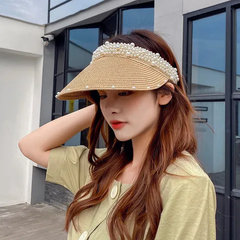 Chapeau de Paille pour Femmes Chapeau de Soleil Orné de Perles Visière Vide Grand Bord Chapeau de Plage Pliable Voyage