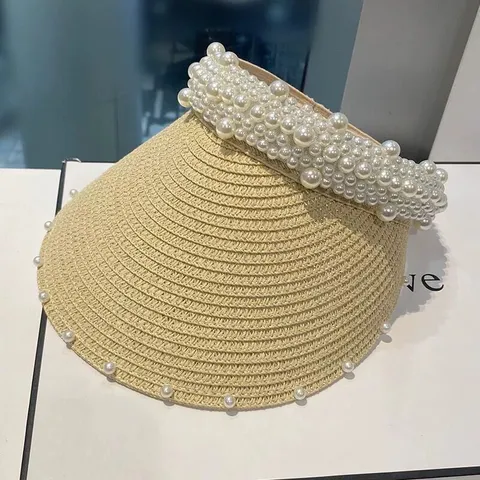 Chapeau de Paille pour Femmes Chapeau de Soleil Orné de Perles Visière Vide Grand Bord Chapeau de Plage Pliable Voyage