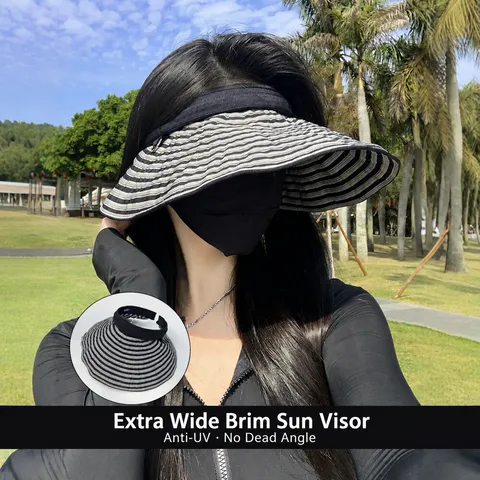 Chapeau de Soleil d'Été pour Femmes Dessus Vide Grand Bord Pliable Rayé Plage Brodé Protection UV Visière