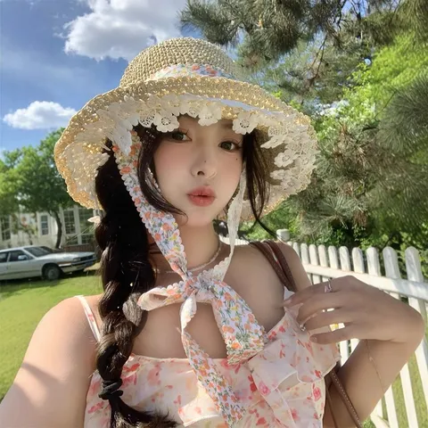Chapeau de Paille de Vacances d'Été pour Femmes Ruban Floral Français Dentelle Ajourée Protection Solaire