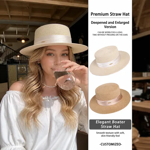 Chapeau de Paille Plat Style Français Été Protection Solaire Large Bord Orné de Perles Chapeau Tissé