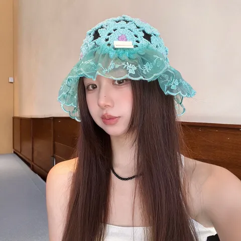 Chapeau Bob en Dentelle Crochetée Japonaise Femme Printemps Été Ajouré Floral Tricot Protection Solaire