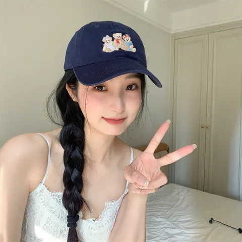 Casquette de Baseball Casual en Coton pour Femmes Mignonne Broderie d'Ours Protection Solaire Bord Courbé Chapeau Ajustable