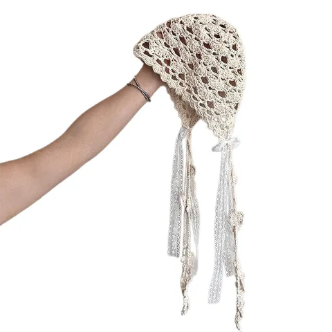 Femmes Chapeau Bonnet en Dentelle Ajourée avec Gland Printemps Été Casual Respirant Tricoté Protection Solaire Casquette Vintage