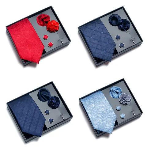 Men Business Jacquard Tie Gift Box Set Polyester Plaid Paisley Necktie Pocket Square Cufflinks Brooch Tie Clip Formal Wedding Accessories
