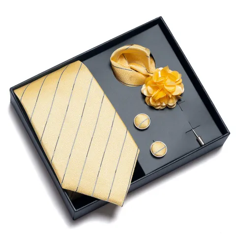 Men Business Jacquard Tie Gift Box Set Polyester Plaid Paisley Necktie Pocket Square Cufflinks Brooch Tie Clip Formal Wedding Accessories