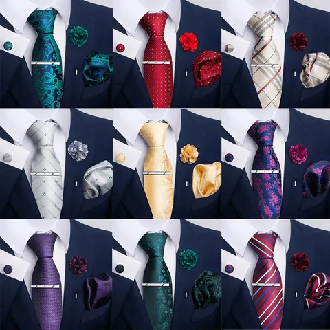 Juego de Corbata de Negocios para Hombre Boda Poliéster Jacquard Corbata Pañuelo de Bolsillo Gemelos Pasador de Corbata Broche Rayas Cuadros