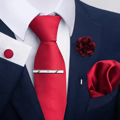 Juego de Corbata de Negocios para Hombre Boda Poliéster Jacquard Corbata Pañuelo de Bolsillo Gemelos Pasador de Corbata Broche Rayas Cuadros