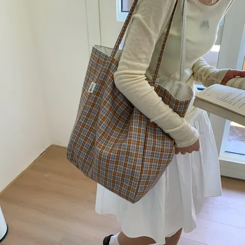 Korean Style Plaid Double-Sided Wear Large Capacity Nylon Shoulder Tote Bag Soft Gingham Shopping Bag For Women