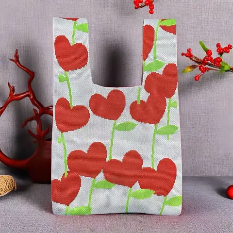 Festive Knitted Handbag Heart Flower Pattern Gift Bag For New Year Souvenir Small Tote Bag Polyester Knitting Party Bag For Women