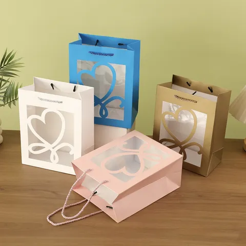 Heart Window Gift Bag Portable White Cardboard Clear PVC Window Handle Gift Packaging Bag For Birthday Valentine's Day Wedding