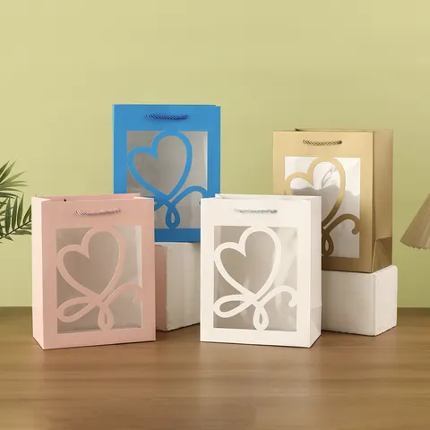 Heart Window Gift Bag Portable White Cardboard Clear PVC Window Handle Gift Packaging Bag For Birthday Valentine's Day Wedding