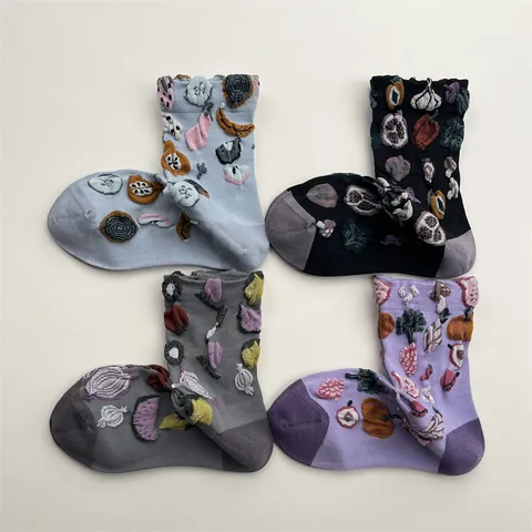 Calcetines de Tubo Medio con Relieve de Fruta Linda para Mujer Calcetines de Algodón Casuales con Bloqueo de Color Estilo Ins Calcetines de Invierno